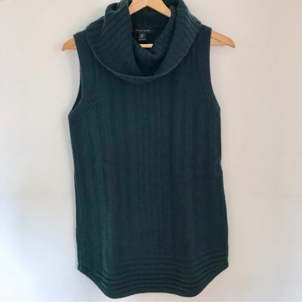 Tahari Yak Hair Wool Blend Sleeveless Longline Cowl Neck Ribbed Sweater Green-Xs